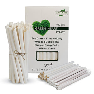 Eco-Craze - 8" Ind. Wrapped Bubble Tea Straws - Paper - Sharp End - White - 12mm