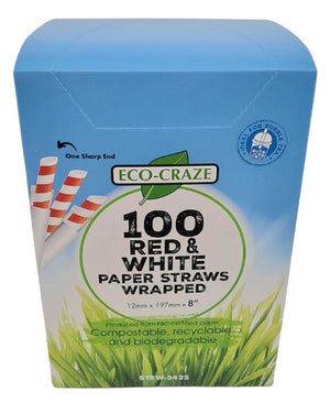 Eco-Craze - 8" Red & White Paper Straw - Bubble Tea -  Sharp End - Wrapped - 12 mm